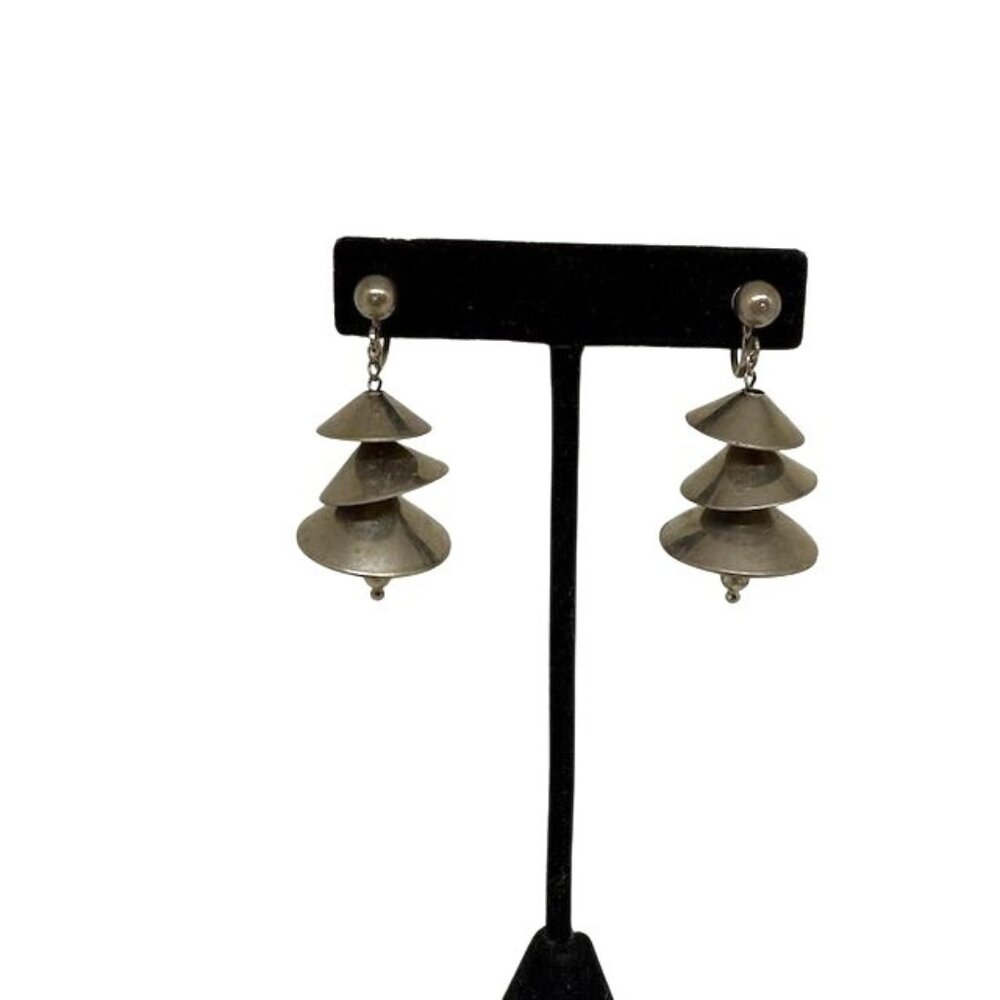 Vintage Silver Tone Tiered Bell Shape Dangle Screwback Earrings Musical